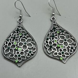 Fun Silver Floral Earrings with Green Accents